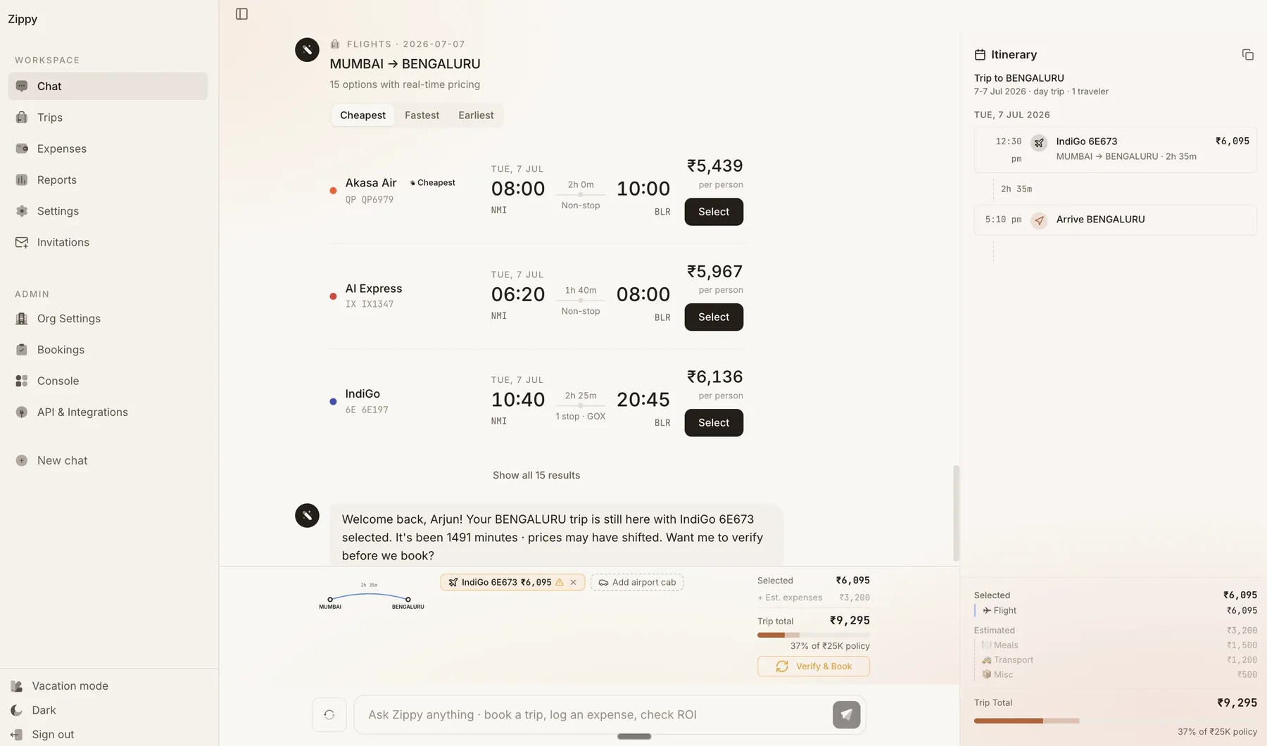 Zippy booking a Mumbai to Bengaluru flight with real-time pricing, policy meter and itinerary