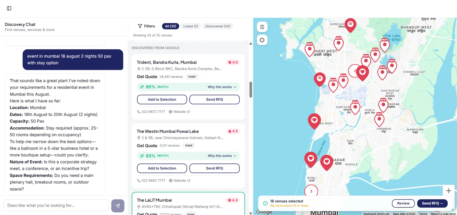 Flow discovery: describing an event brief in plain language with matching venues on a live map