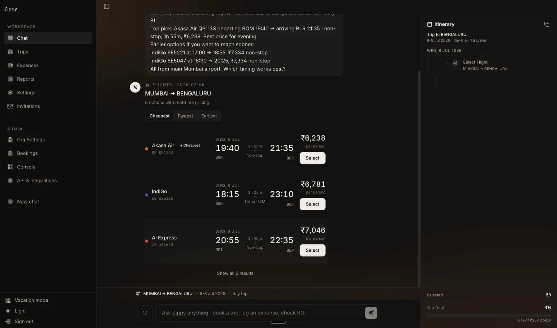 Zippy in dark mode with conversational flight search